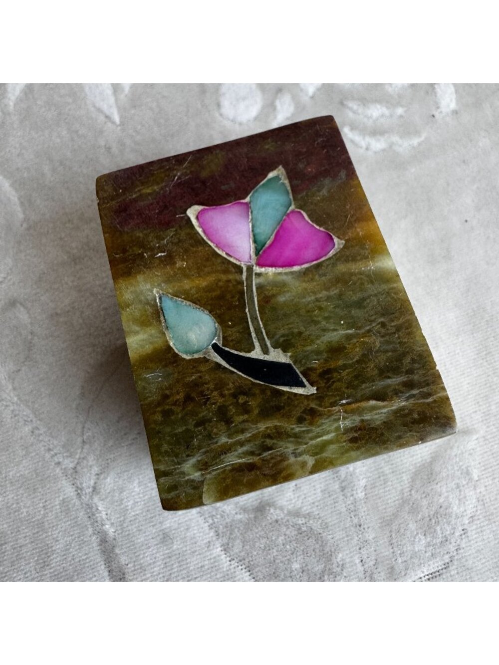 Trinket Box Mother of Pearl Inlay Marble Soapstone 2" Pink Vtg Made in India